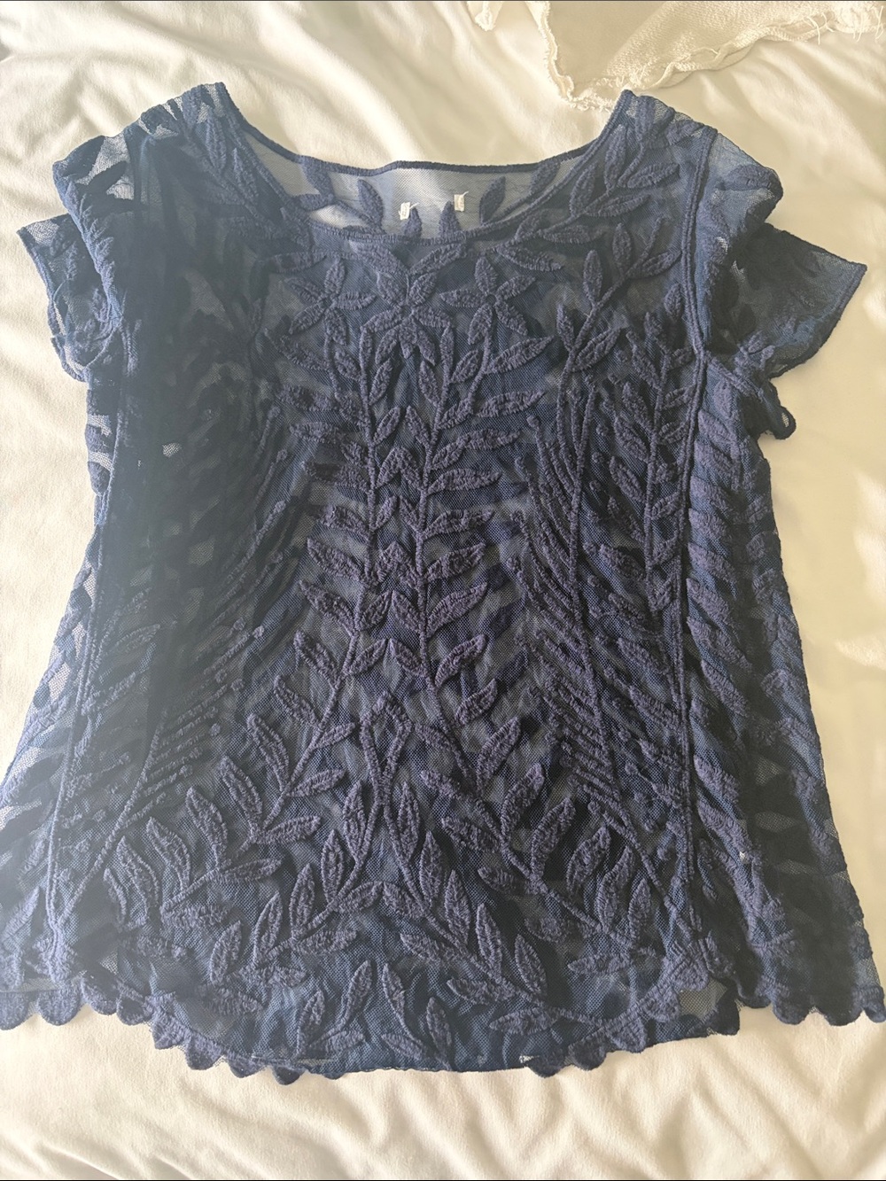Unknown brand (no tag) women's Navy Leaf-Embroidered See Through Short Sleeve